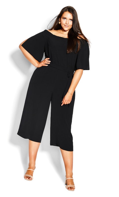 City Chic Women's Black Off Shoulder Wide Leg Cropped Jumpsuit Size Xl/22 Nwt